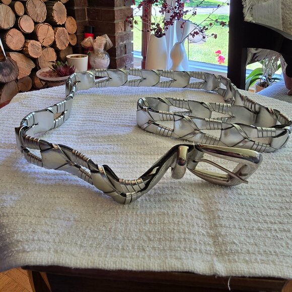 Vintage Silver Leather Link Belt - Picture 1 of 6